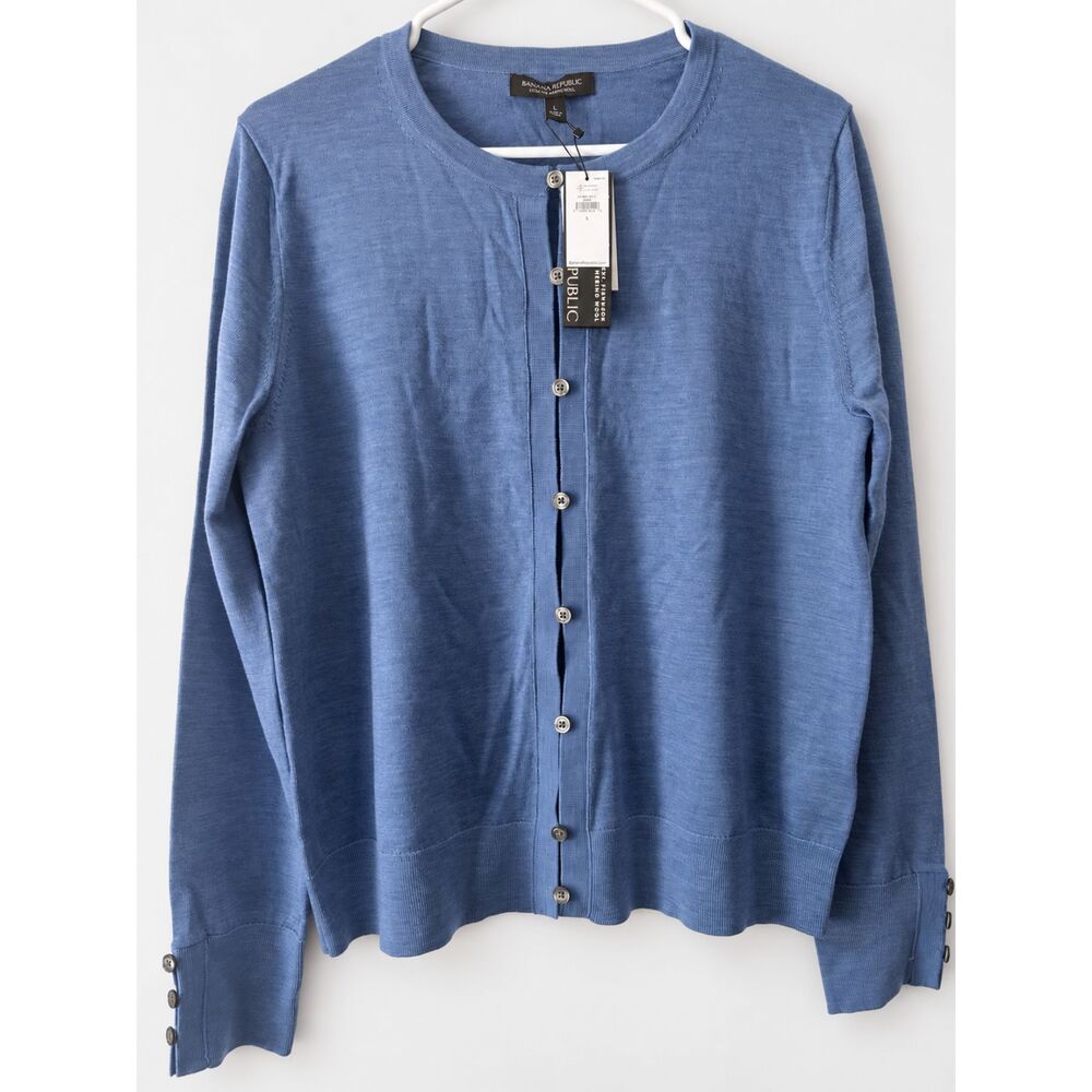 Banana Republic 100% Merino Wool Button Cardigan Women's L Dusty Blue NWT